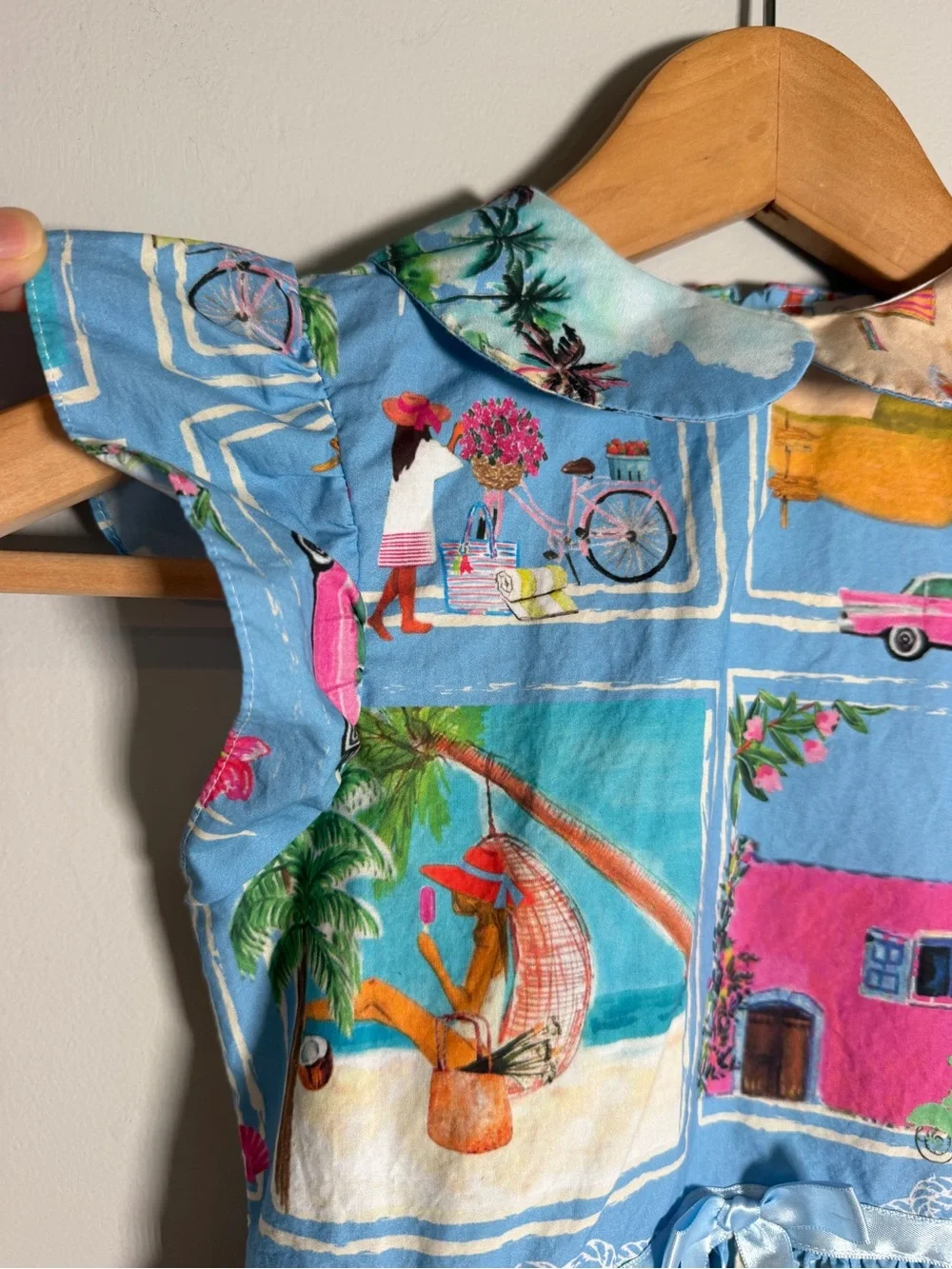 Patachou Girls Blue Postcard Beach Print Dress Size 8Y Cotton Peter Pan Collar